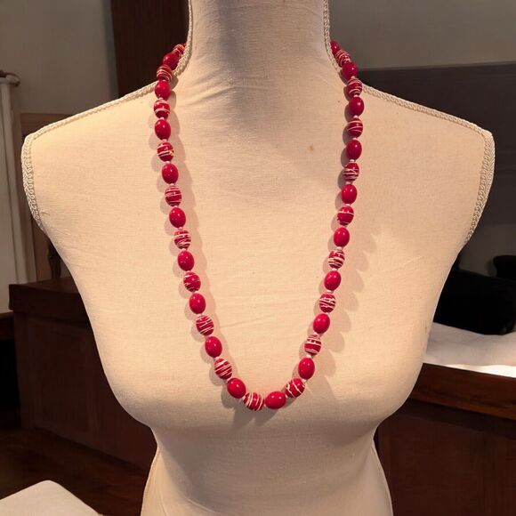 Artisan Hand Painted Necklace Textured Red Beads Cream Brushed Like 28" Vintage - Picture 2 of 6
